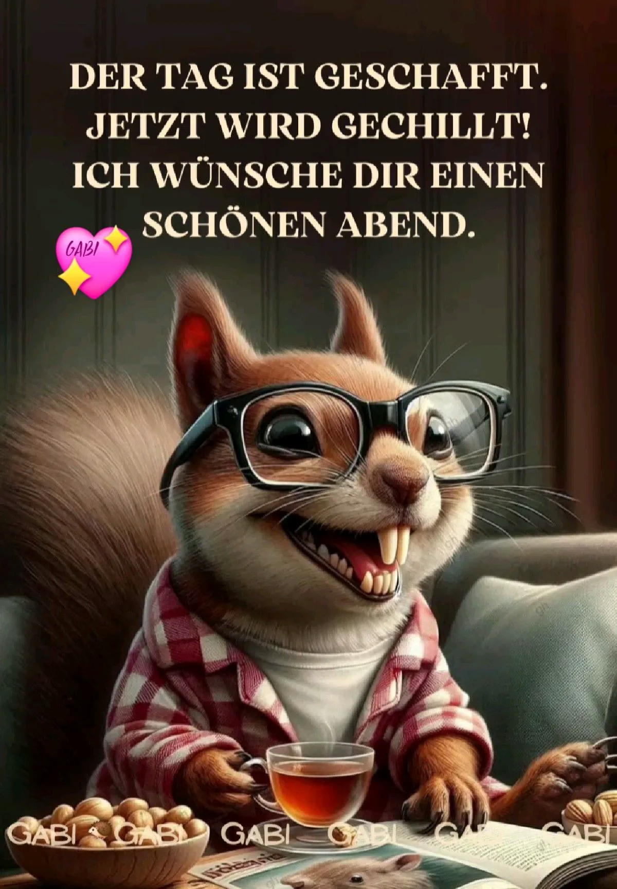 Ein Cartoon-Eichhörnchen mit Brille und Karohemd sitzt auf einem Sofa, hält eine Tasse Tee in der Pfote und lächelt.